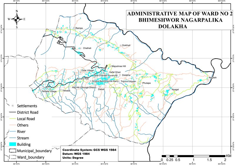 Administrative map of Ward No. 2, Bhimeshwor Municipality, Dolakha, showing settlements, district and local roads, rivers, streams, buildings, and ward and municipal boundaries.